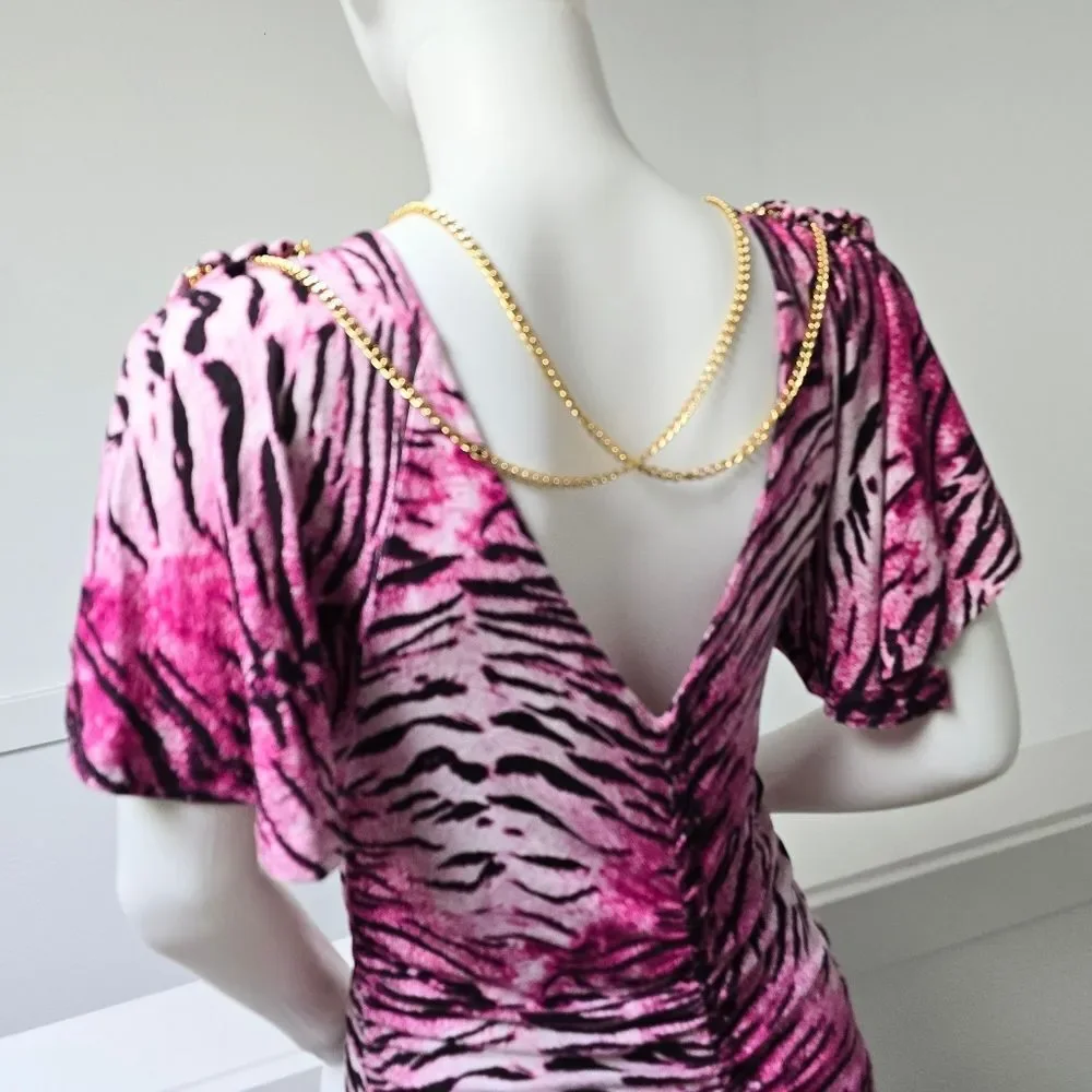 COOGI Y2K Ruched Plunge Zebra Print Mini Dress in Electric Hot Pink - Picture 5 of 16